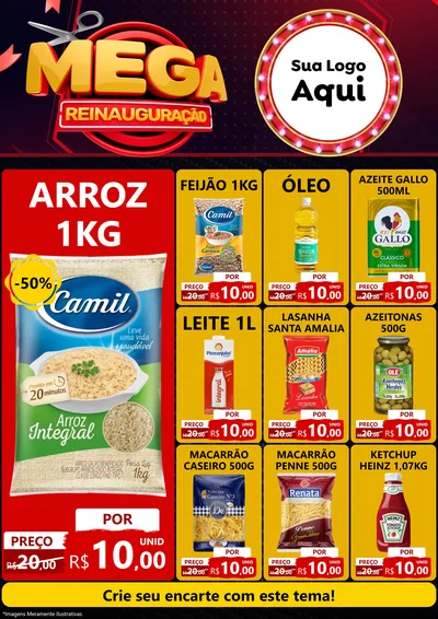 Modelo de Encarte para Encarte A4 Vertical com o tema Mega Reinauguração para Supermercado