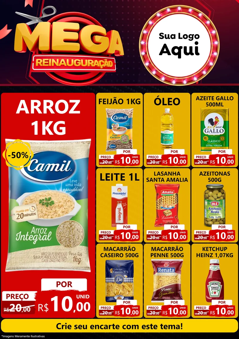 Modelo de Encarte para Encarte A4 Vertical com o tema Mega Reinauguração para Supermercado