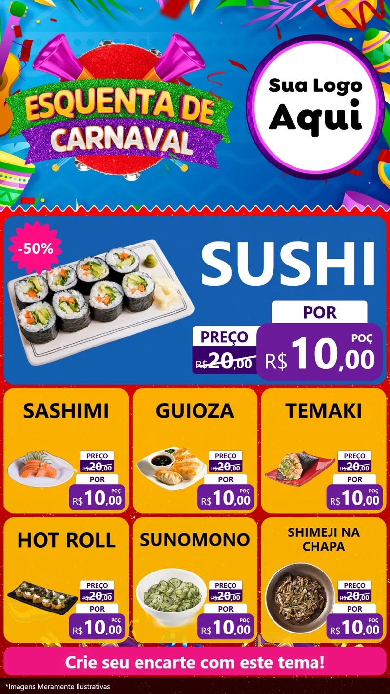 Modelo de Rede Social para Stories com o tema Esquenta de Carnaval para Comida japonesa