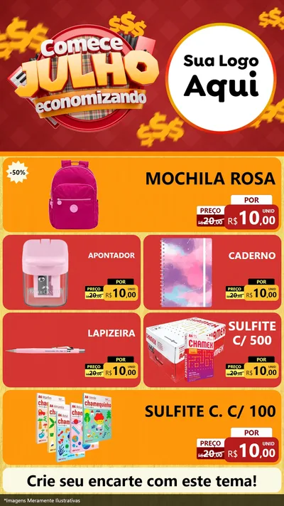 Modelo de TV para TV Vertical com o tema Comece Julho Economizando para Papelaria