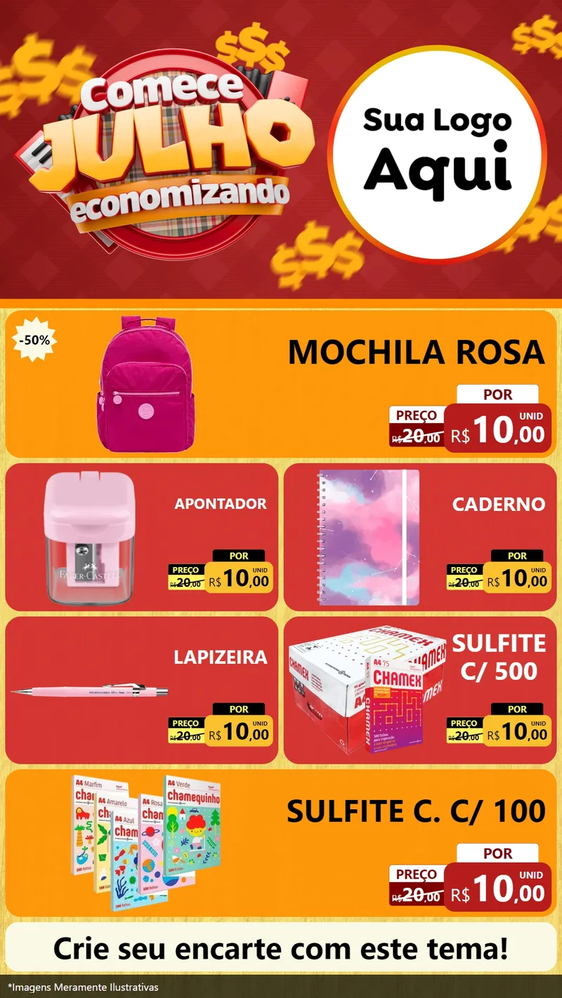Modelo de TV para TV Vertical com o tema Comece Julho Economizando para Papelaria