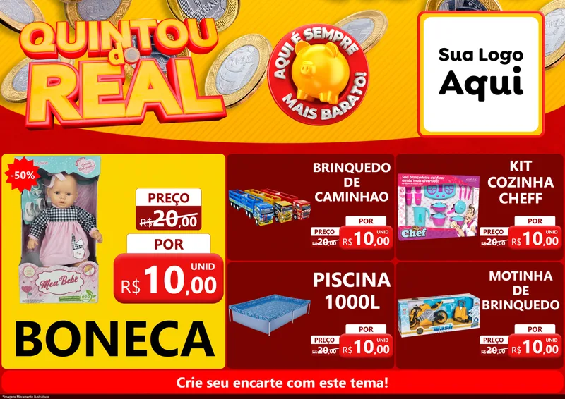 Modelo de Encarte para Encarte A4 Horizontal com o tema Quintou do Real para Brinquedos