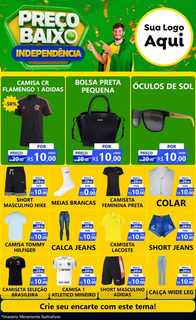 Modelo de Encarte para Encarte Grande com o tema Preço Baixo de Independência para Roupas e acessórios