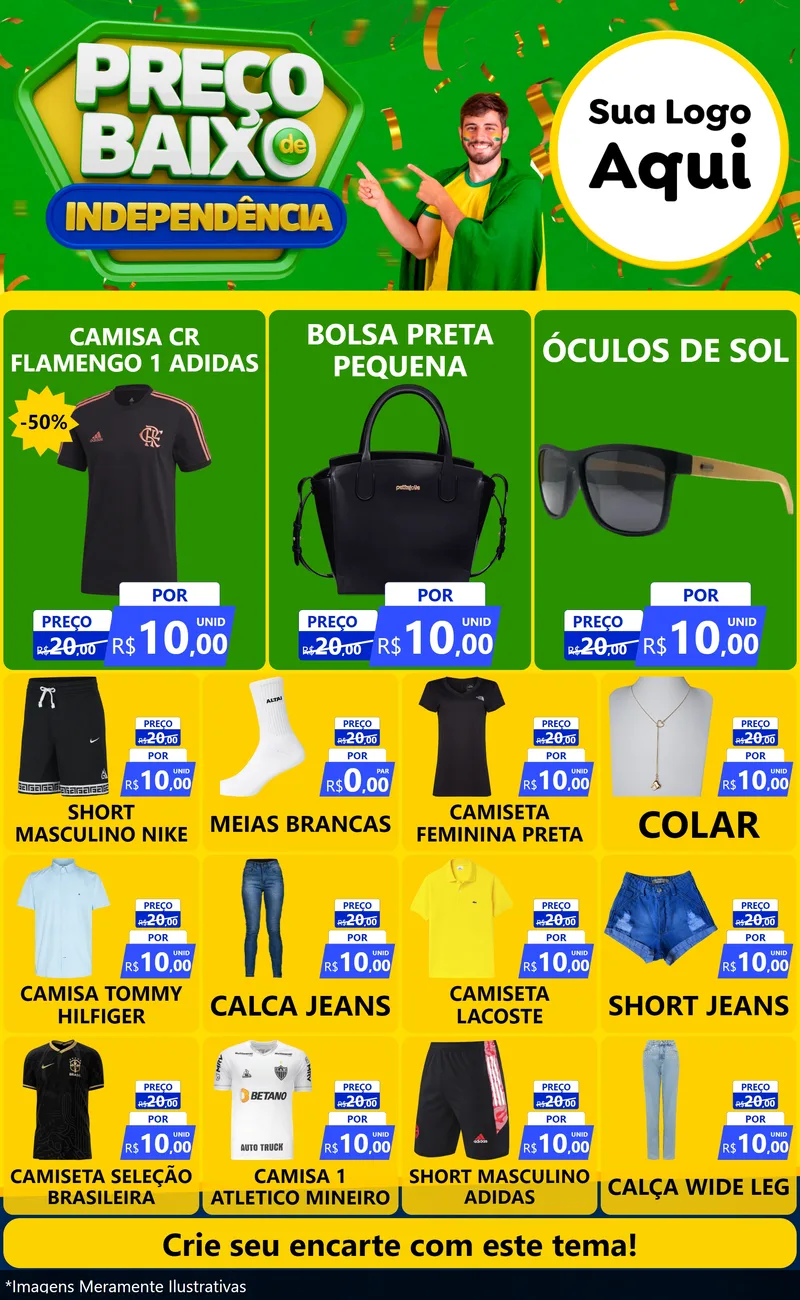 Modelo de Encarte para Encarte Grande com o tema Preço Baixo de Independência para Roupas e acessórios