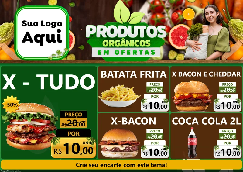 Modelo de Encarte para Encarte A4 Horizontal com o tema Produtos Orgânicos em Ofertas para Hamburgueria