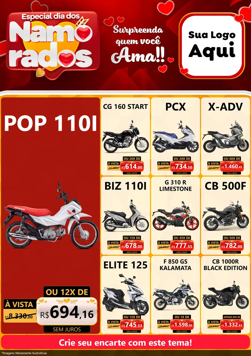 Modelo de Encarte para Encarte A4 Vertical com o tema Especial Dia dos Namorados para Concessionaria de Motos