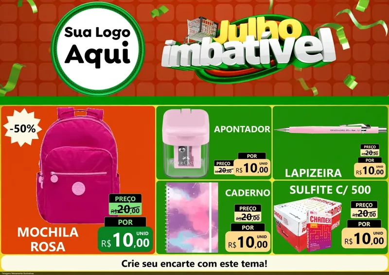Modelo de Encarte para Encarte A4 Horizontal com o tema Julho Imbatível para Papelaria