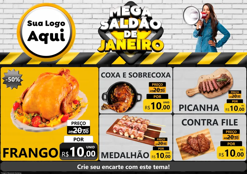 Modelo de Encarte para Encarte A4 Horizontal com o tema Mega Saldão de Janeiro para Assados