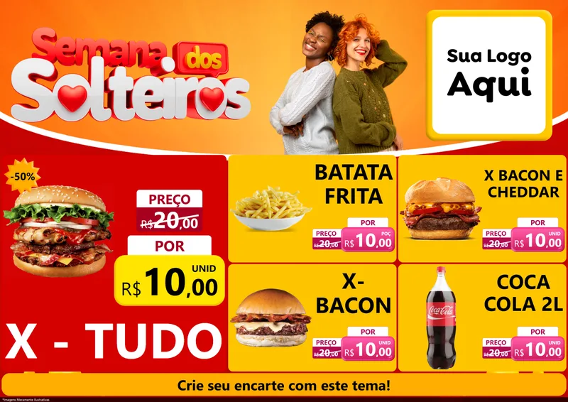 Modelo de Encarte para Encarte A4 Horizontal com o tema Semana dos Solteiros para Hamburgueria