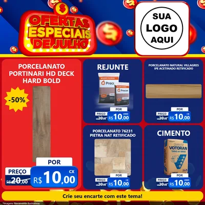 Modelo de Rede Social para Feed Facebook com o tema Ofertas Especiais de Julho para Pisos e revestimentos