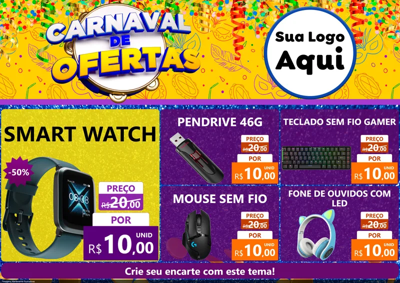 Modelo de Encarte para Encarte A4 Horizontal com o tema Carnaval de Ofertas para Informática