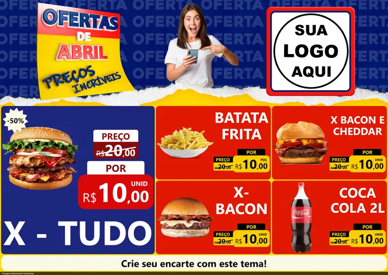 Modelo de Encarte para Encarte A4 Horizontal com o tema Ofertas de Abril - Preços Incríveis para Hamburgueria