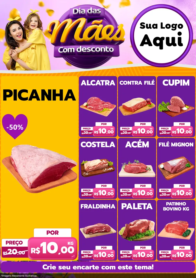 Modelo de Encarte para Encarte A4 Vertical com o tema Dia das Mães com Desconto para Açougue