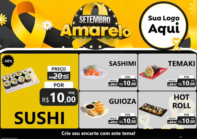 Modelo de Encarte para Encarte A4 Horizontal com o tema Setembro Amarelo para Comida japonesa