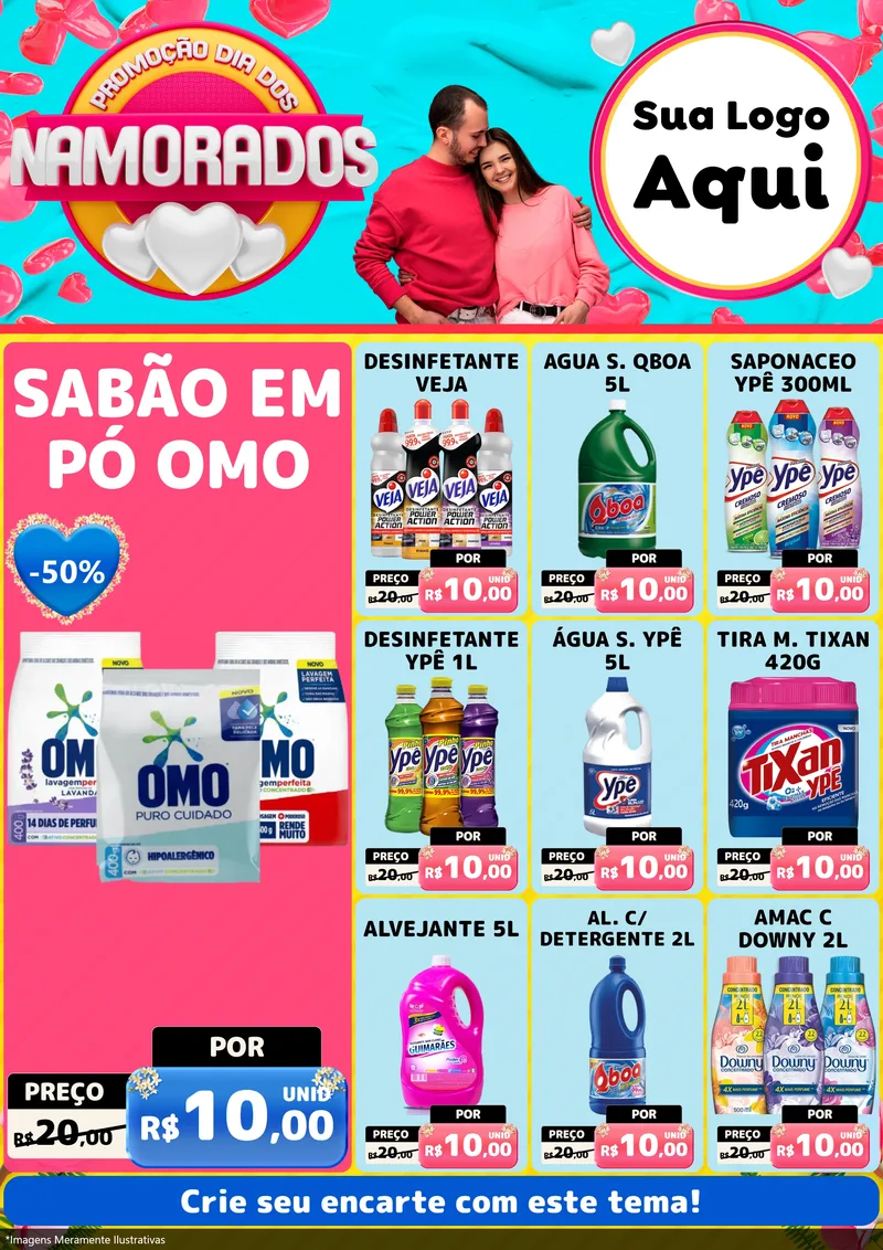 Modelo de Encarte para Encarte A4 Vertical com o tema Promoção Dia dos Namorados para Produtos de Limpeza