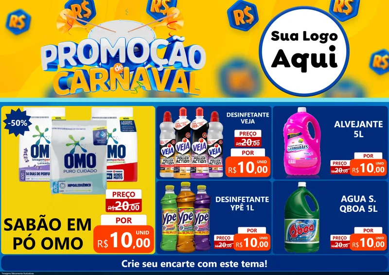 Modelo de Encarte para Encarte A4 Horizontal com o tema Promoção de Carnaval para Produtos de Limpeza