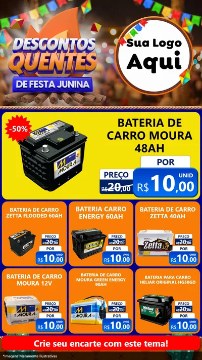 Modelo de Rede Social para Stories com o tema Descontos Quentes de Festa Junina para Baterias Elétricas