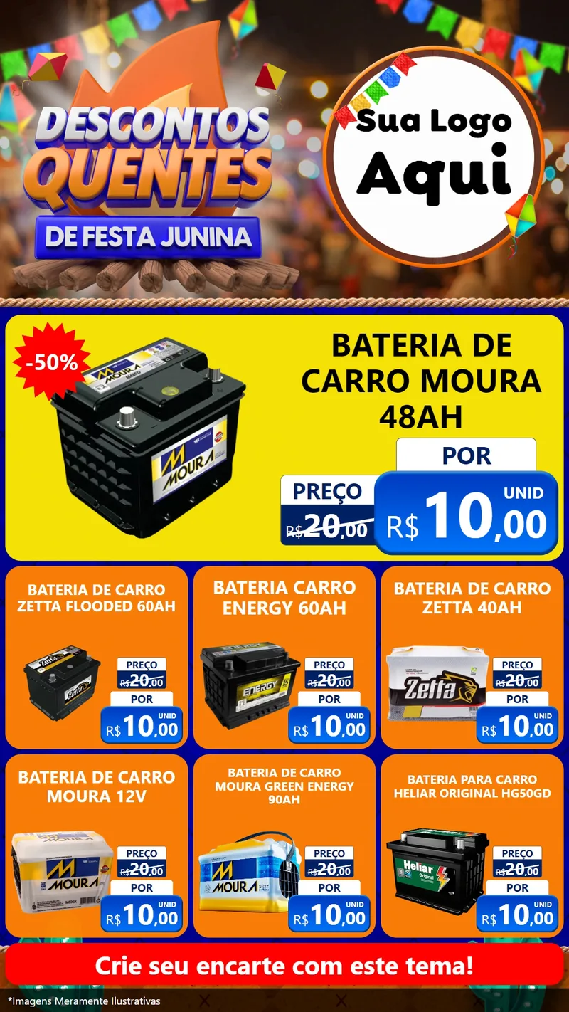 Modelo de Rede Social para Stories com o tema Descontos Quentes de Festa Junina para Baterias Elétricas