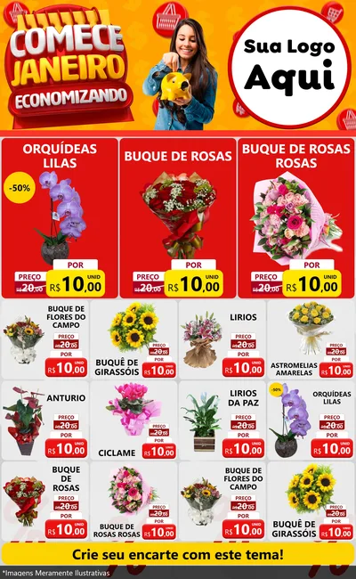 Modelo de Encarte para Encarte Grande com o tema Comece Janeiro Economizando para Floricultura e jardim