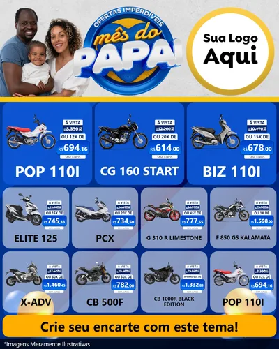 Modelo de Rede Social para Feed Instagram com o tema Ofertas Imperdíveis Mês Do Papai para Concessionaria de Motos