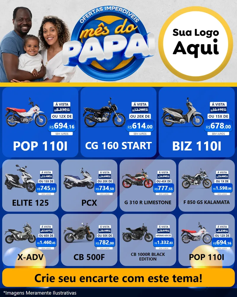 Modelo de Rede Social para Feed Instagram com o tema Ofertas Imperdíveis Mês Do Papai para Concessionaria de Motos