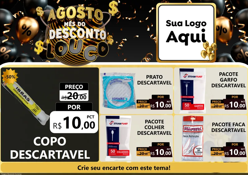 Modelo de Encarte para Encarte A4 Horizontal com o tema Agosto Mês do Desconto Louco para Embalagens