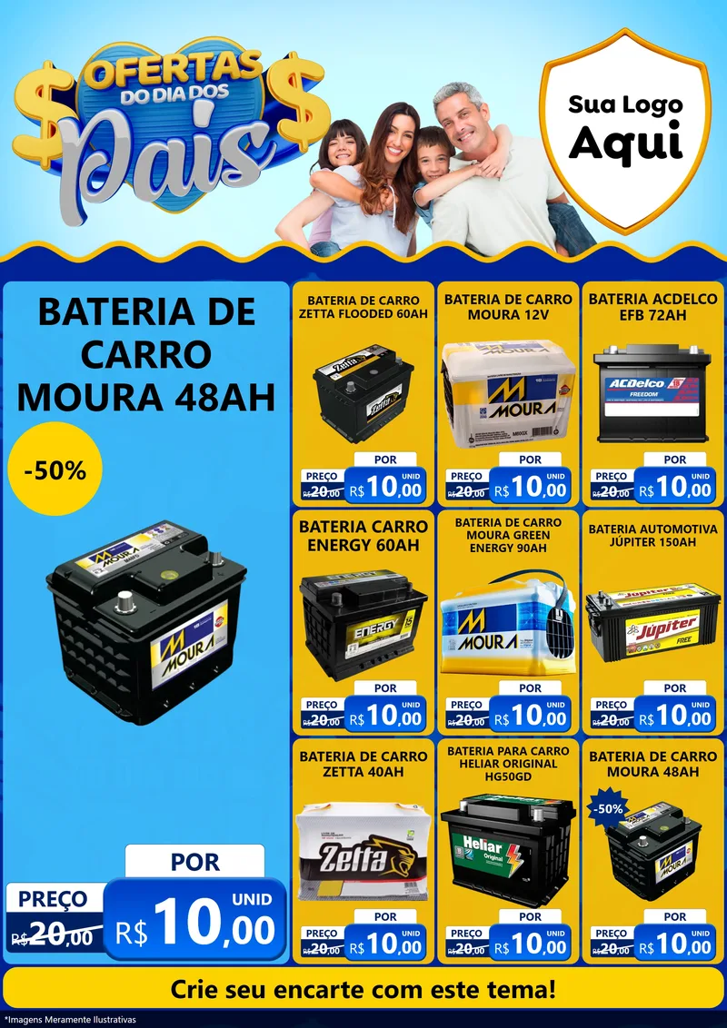 Modelo de Encarte para Encarte A4 Vertical com o tema Ofertas do Dia dos Pais para Baterias Elétricas