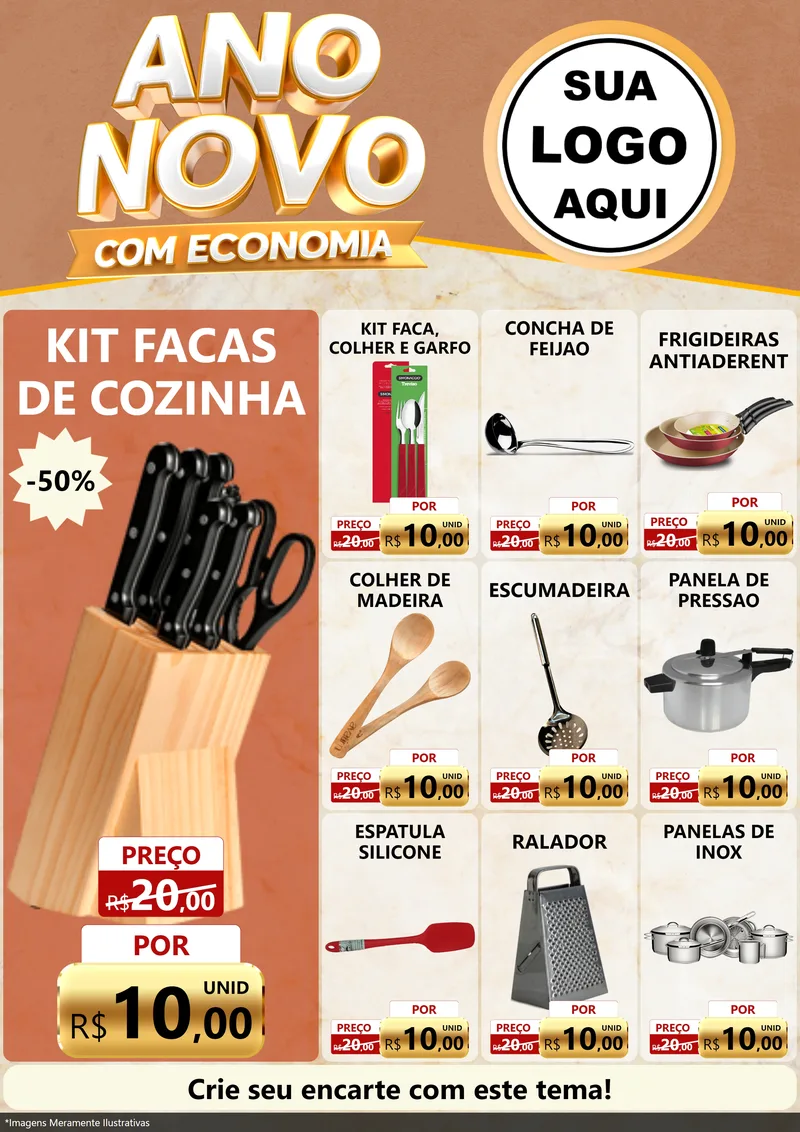 Modelo de Encarte para Encarte A4 Vertical com o tema Ano Novo Com Economia para Utilidades Domésticas