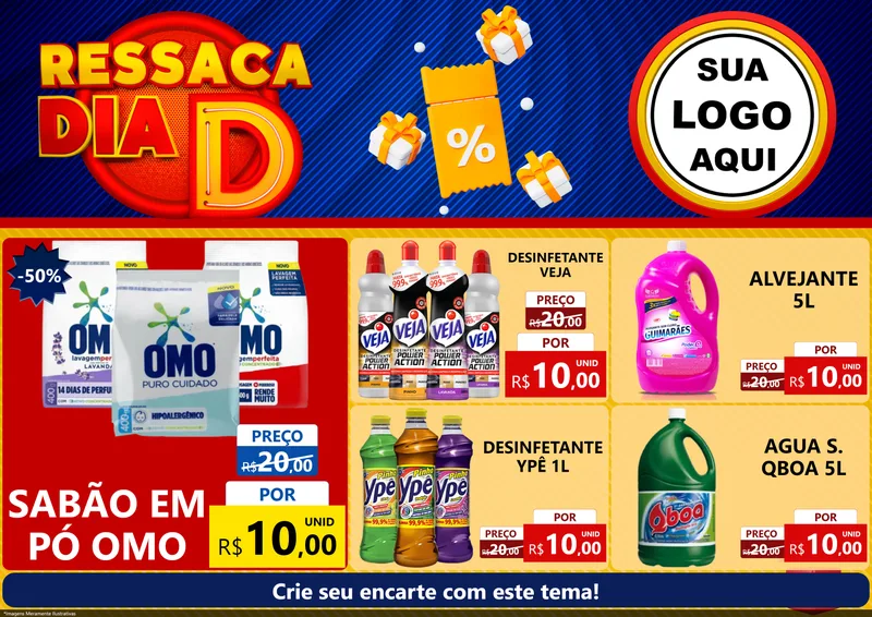 Modelo de Encarte para Encarte A4 Horizontal com o tema Ressaca Dia D para Produtos de Limpeza