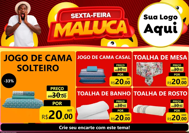 Modelo de Encarte para Encarte A4 Horizontal com o tema Sexta-feira Maluca para Cama, Mesa e Banho