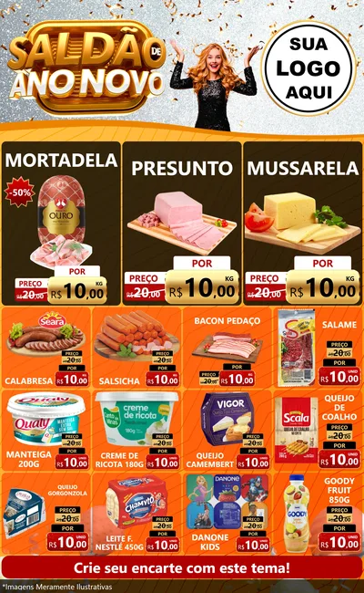 Modelo de Encarte para Encarte Grande com o tema Saldão de Ano Novo para Frios e Laticínios