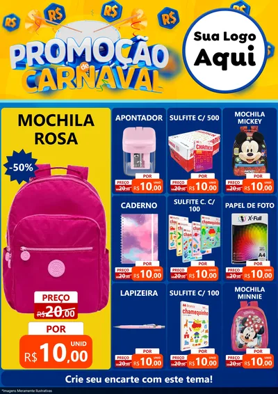 Modelo de Encarte para Encarte A4 Vertical com o tema Promoção de Carnaval para Papelaria