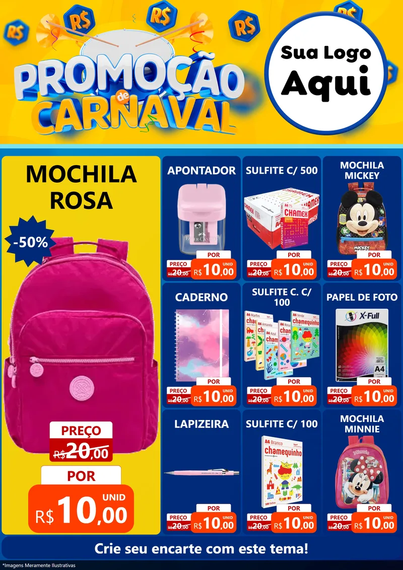 Modelo de Encarte para Encarte A4 Vertical com o tema Promoção de Carnaval para Papelaria