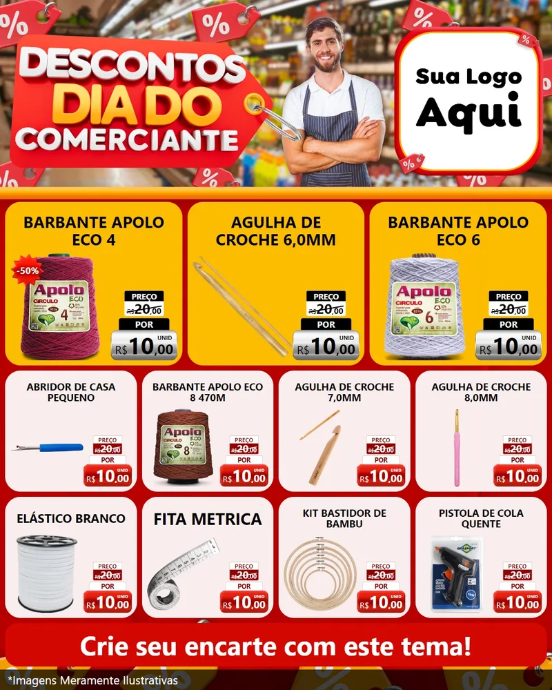 Modelo de Rede Social para Feed Instagram com o tema Descontos Dia do Comerciante para Armarinho e Aviamentos