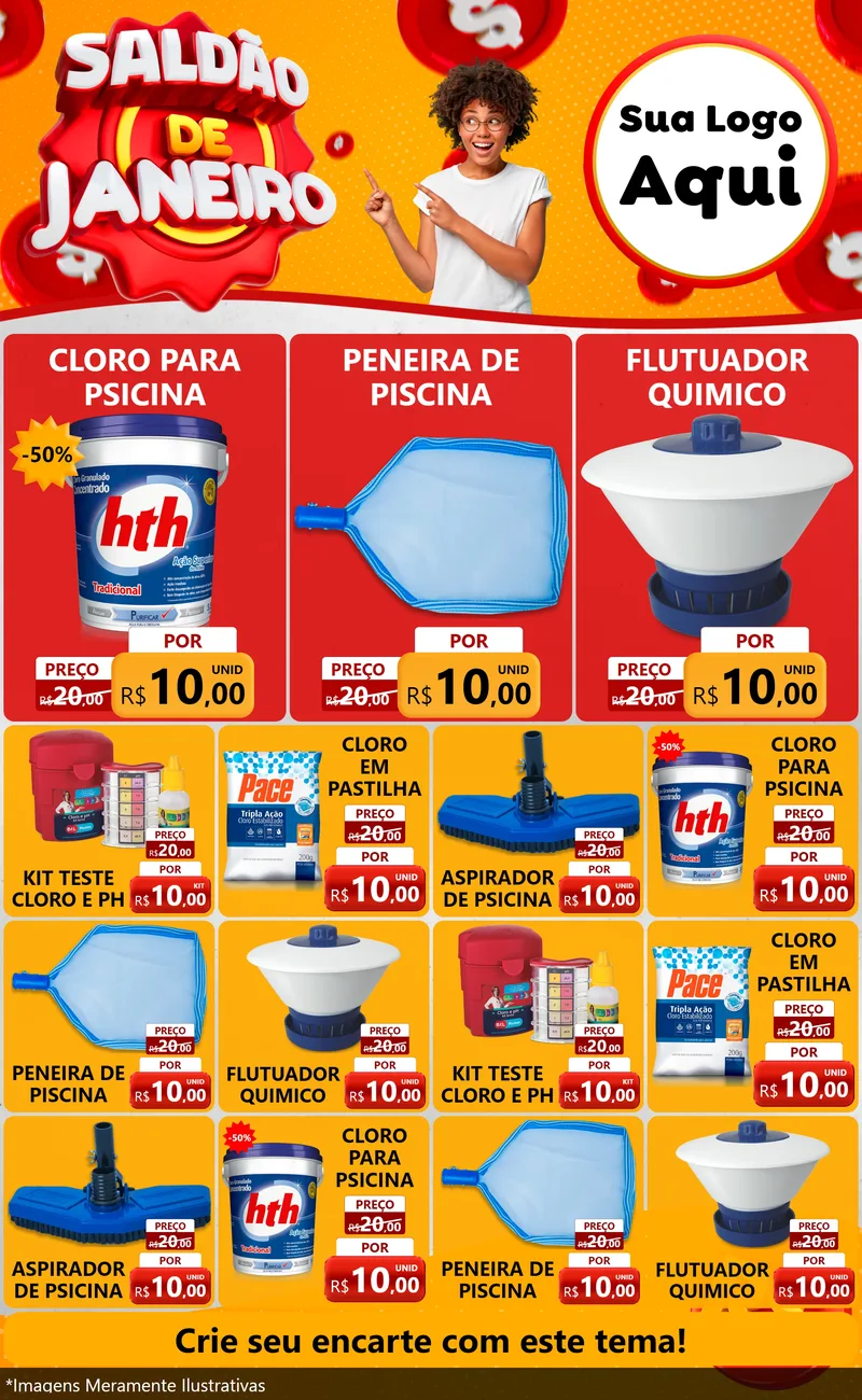 Modelo de Encarte para Encarte Grande com o tema Saldão de Janeiro para Produtos para Piscina