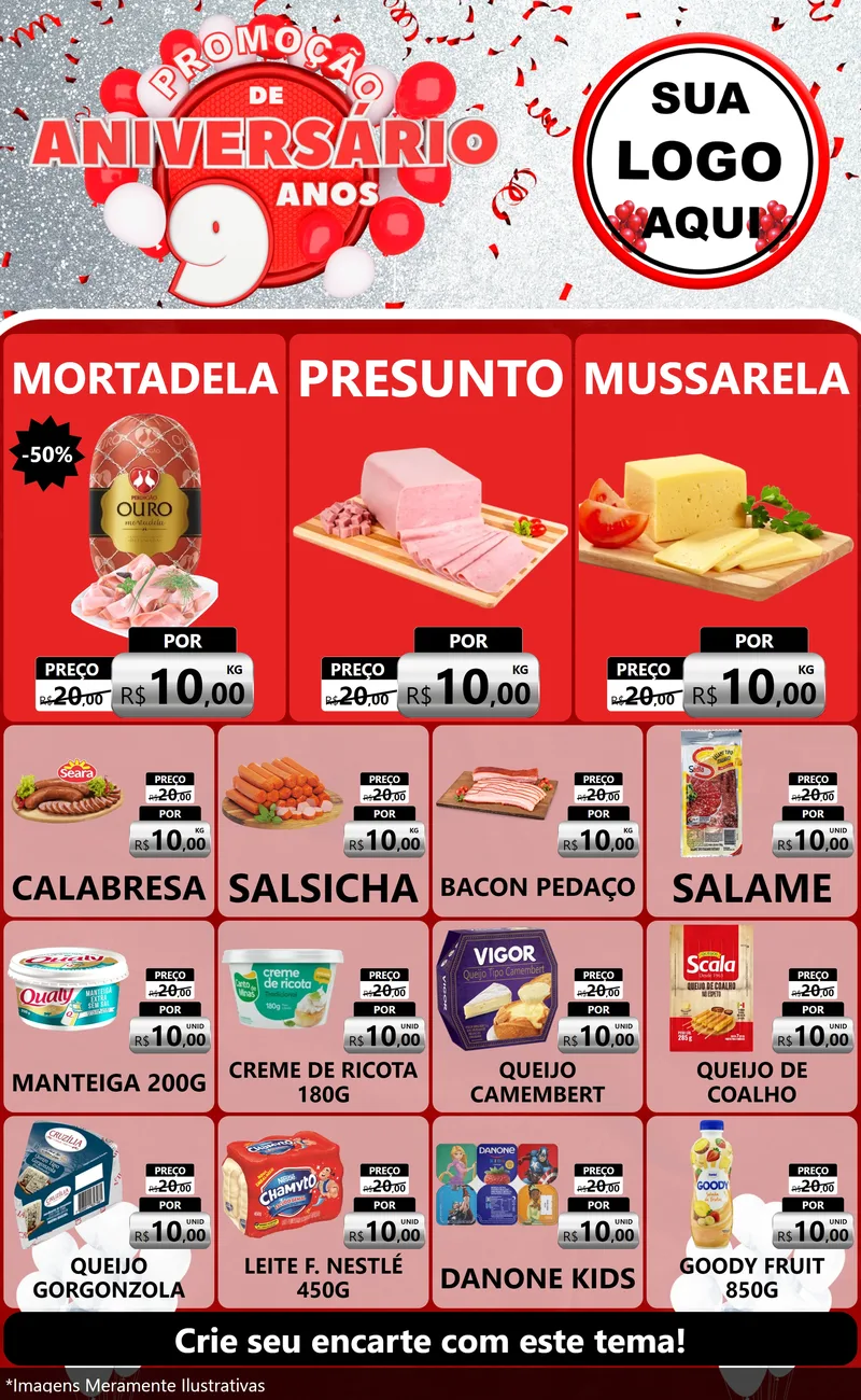 Modelo de Encarte para Encarte Grande com o tema Promoção de Aniversário - 9 Anos para Frios e Laticínios