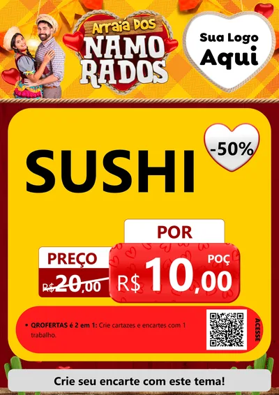 Modelo de Cartaz para Cartaz A4 Vertical com o tema Arraiá dos Namorados para Comida japonesa