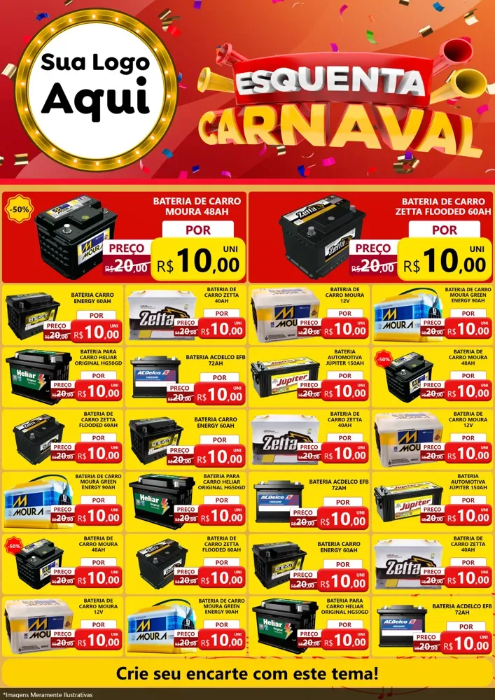 Modelo de Encarte para Encarte A4 Vertical com o tema Esquenta Carnaval para Baterias Elétricas