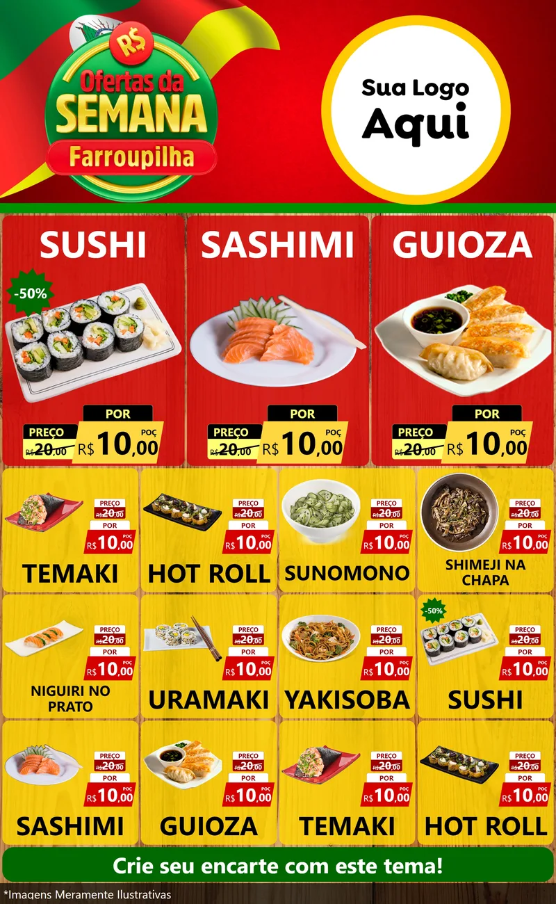Modelo de Encarte para Encarte Grande com o tema Ofertas da Semana Farroupilha para Comida japonesa