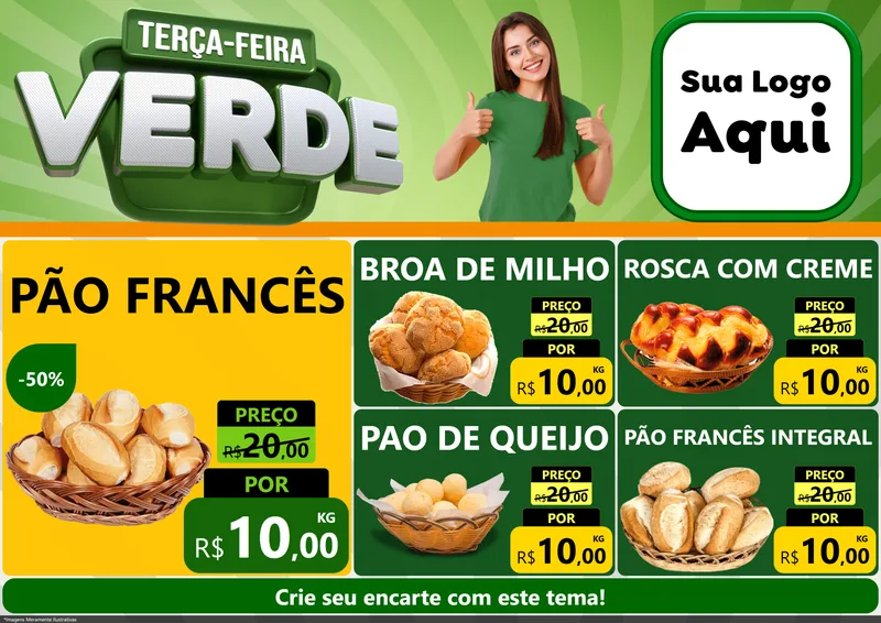 Modelo de Encarte para Encarte A4 Horizontal com o tema Terça - Feira Verde para Padaria