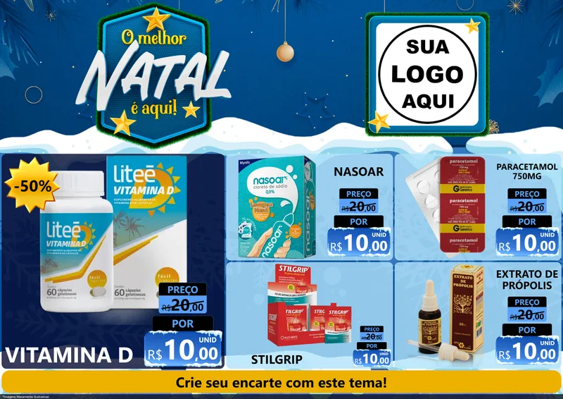 Modelo de Encarte para Encarte A4 Horizontal com o tema O Melhor Natal É Aqui! para Farmácia