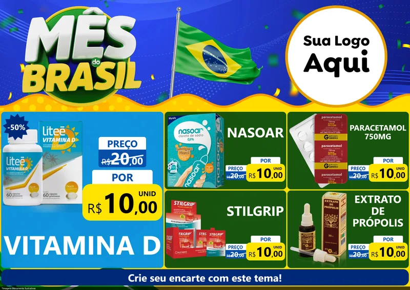 Modelo de Encarte para Encarte A4 Horizontal com o tema Mês do Brasil para Farmácia