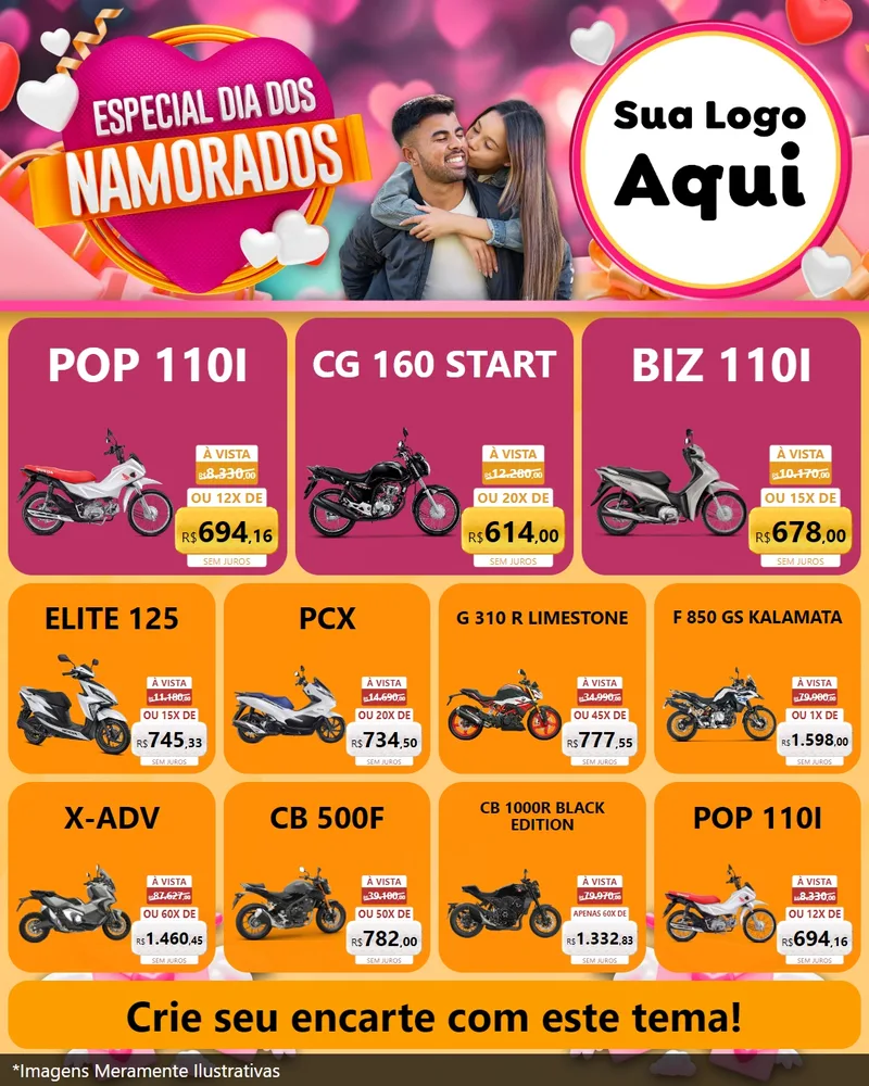 Modelo de Rede Social para Feed Instagram com o tema Especial Dia dos Namorados para Concessionaria de Motos