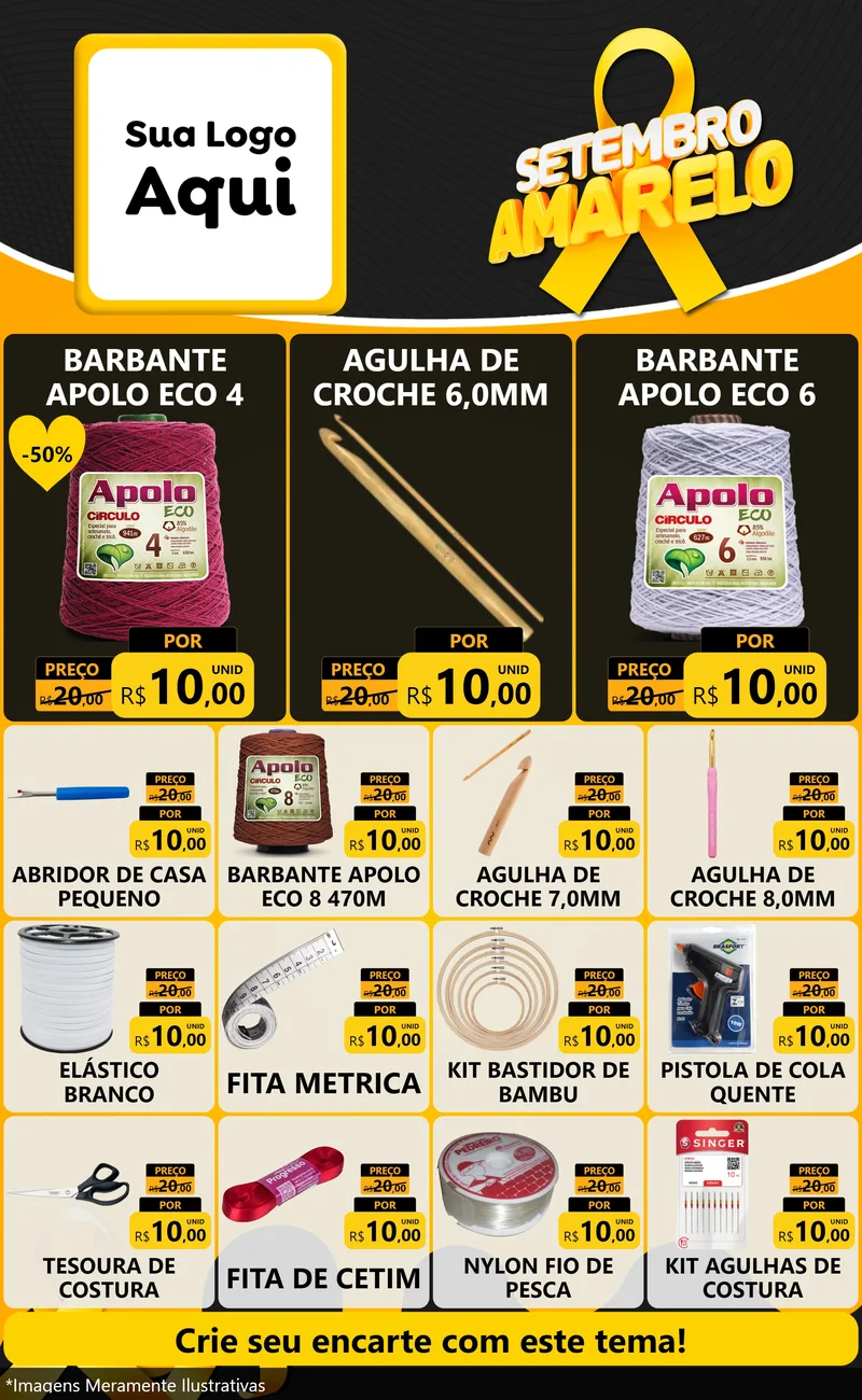 Modelo de Encarte para Encarte Grande com o tema Setembro Amarelo para Armarinho e Aviamentos