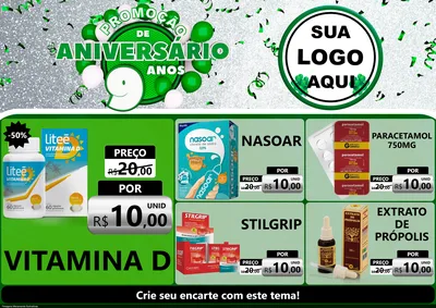 Modelo de Encarte para Encarte A4 Horizontal com o tema Promoção de Aniversário - 9 Anos para Farmácia