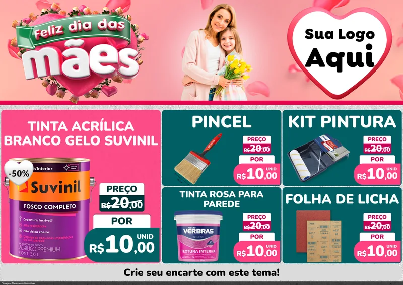 Modelo de Encarte para Encarte A4 Horizontal com o tema Feliz Dia das Mães para Tintas e Ferramentas