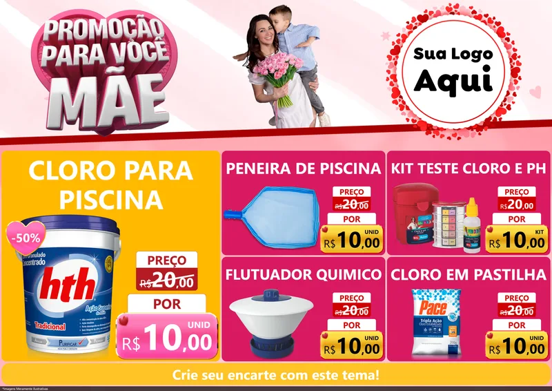 Modelo de Encarte para Encarte A4 Horizontal com o tema Promoção Para Você Mãe para Produtos para Piscina