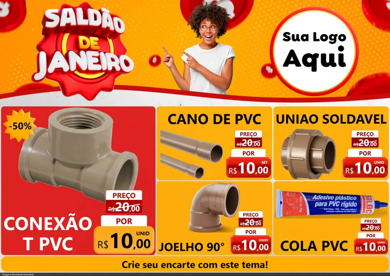 Modelo de Encarte para Encarte A4 Horizontal com o tema Saldão de Janeiro para Tubos e conexões