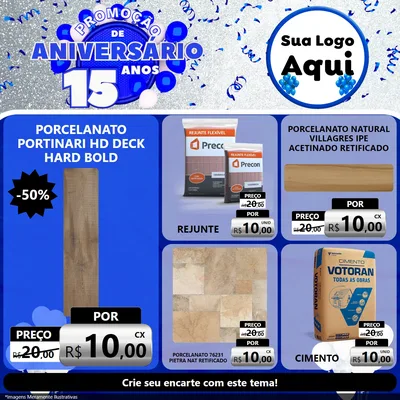 Modelo de Rede Social para Feed Facebook com o tema Promoção de Aniversário - 15 Anos para Pisos e revestimentos