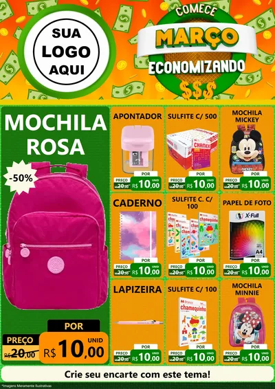 Modelo de Encarte para Encarte A4 Vertical com o tema Comece Março Economizando para Papelaria